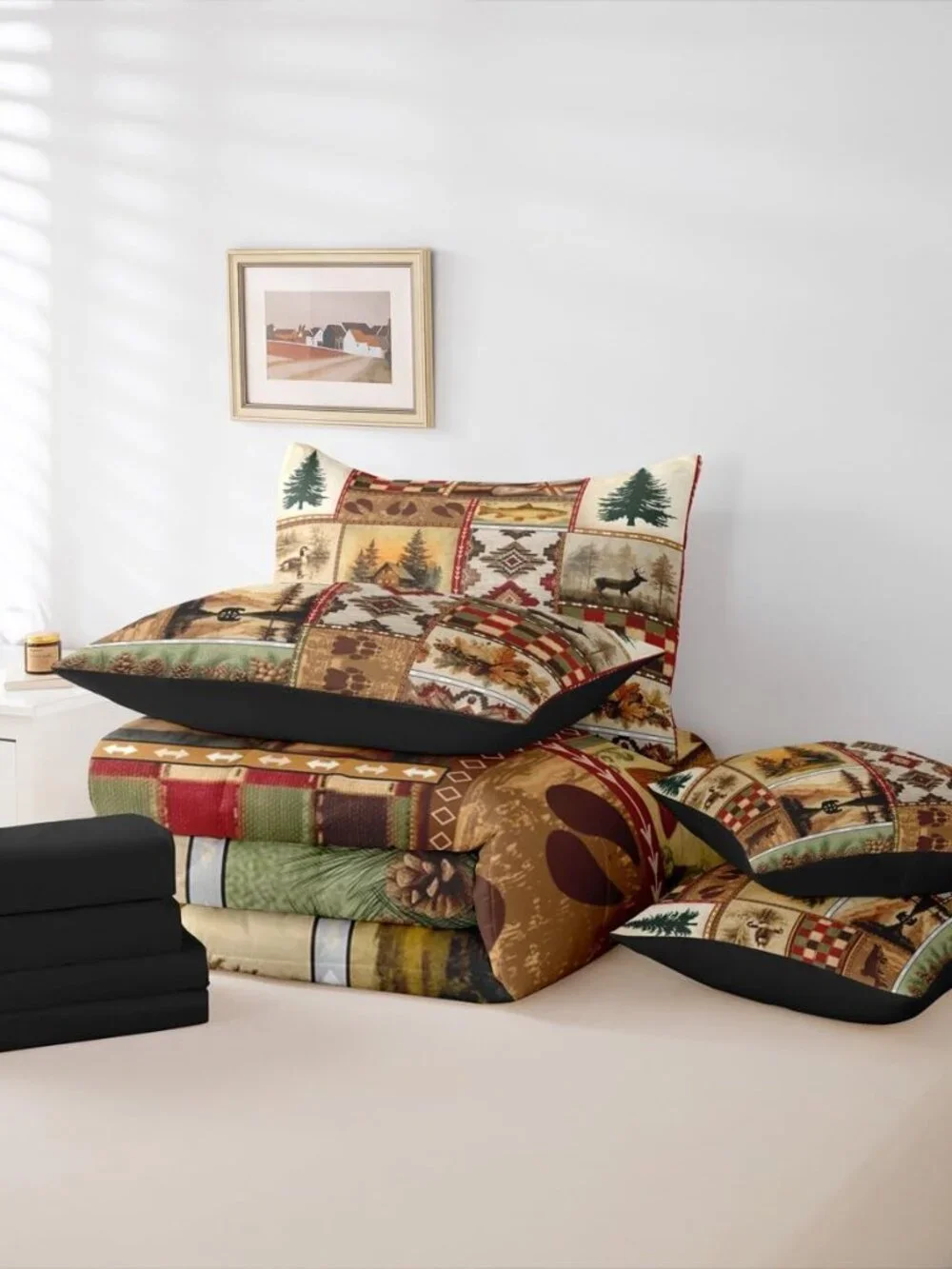 Rustic Cabin Comforter Set Queen Size,7 Pieces Farmhouse Lodge Bedding Set,Wildl